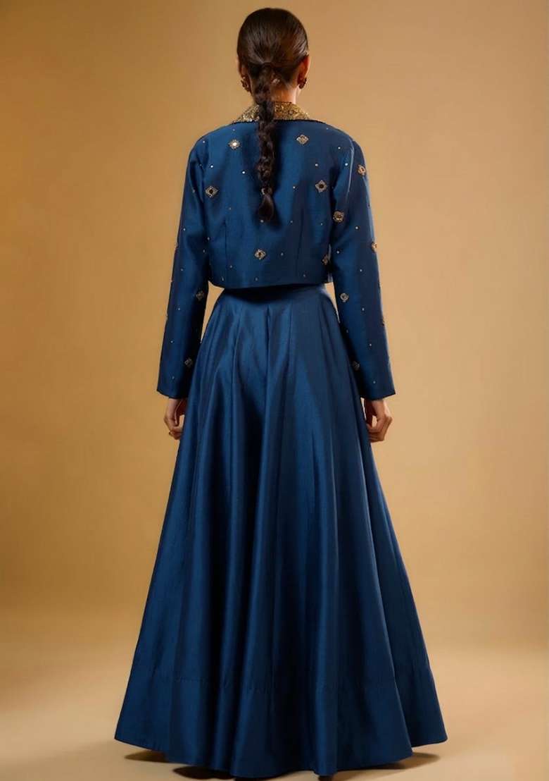 Deep Blue Silk Blend Handwork Lehenga Set - Indya