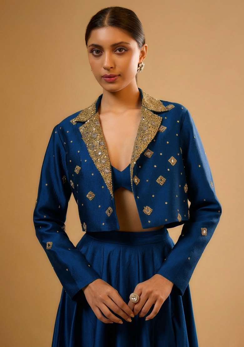 Deep Blue Silk Blend Handwork Lehenga Set - Indya
