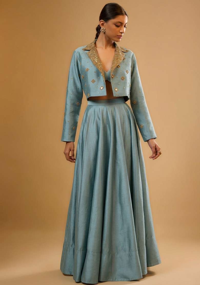 Pastel Blue Silk Blend Handwork Lehenga Set - Indya