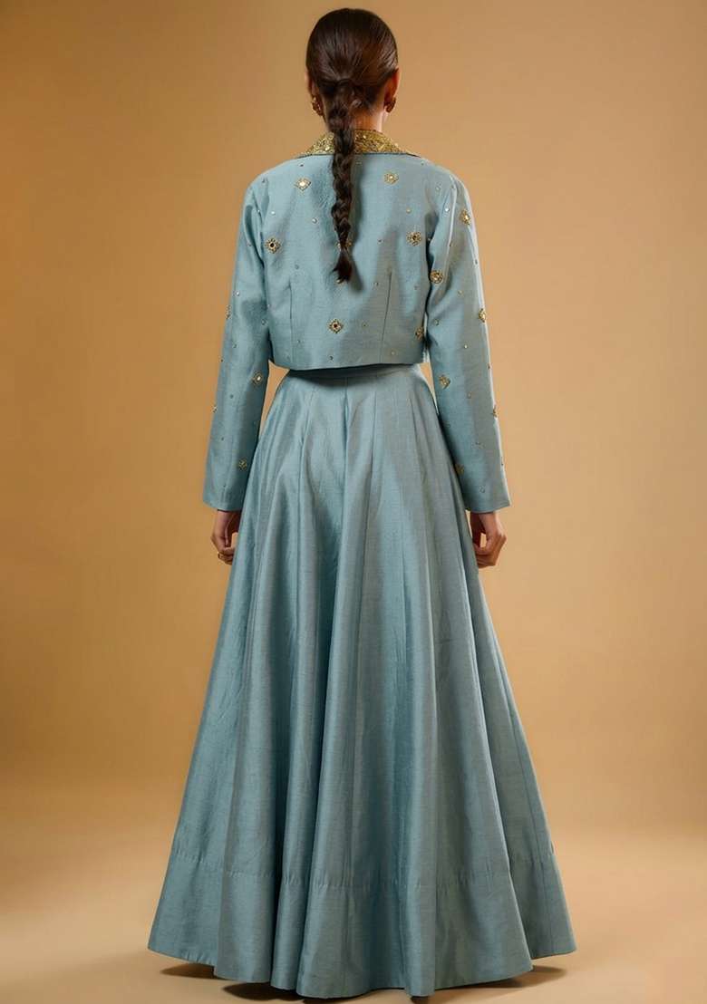 Pastel Blue Silk Blend Handwork Lehenga Set - Indya