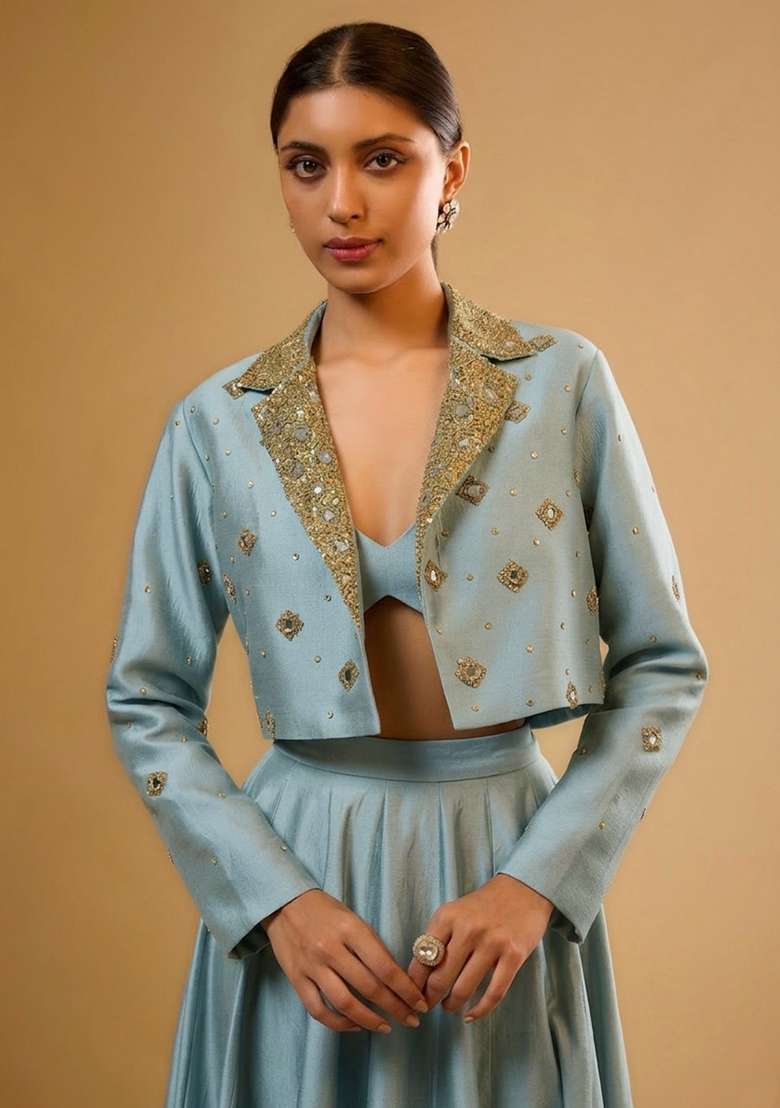 Pastel Blue Silk Blend Handwork Lehenga Set - Indya