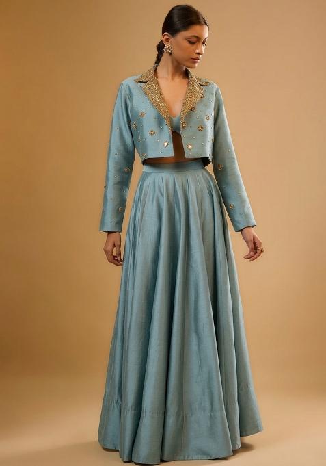 Pastel Blue Silk Handwork Lehenga Set — view on Indya