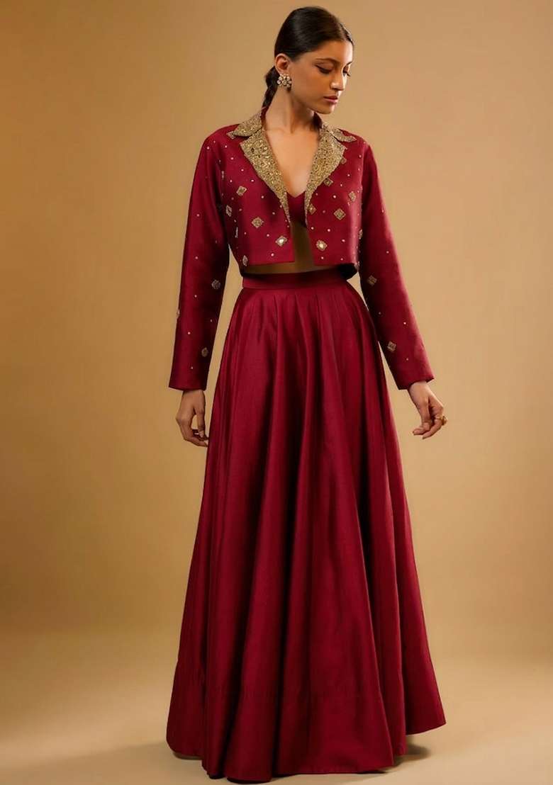 Deep Red Silk Blend Handwork Lehenga Set - Indya