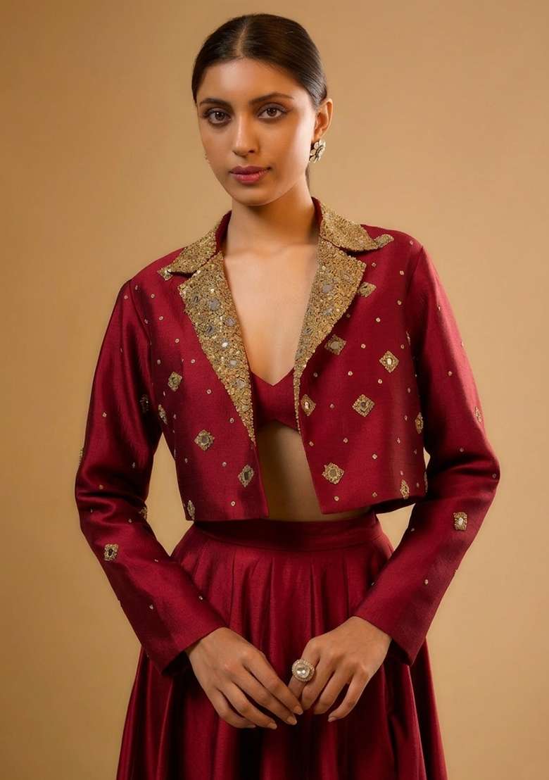 Deep Red Silk Blend Handwork Lehenga Set - Indya