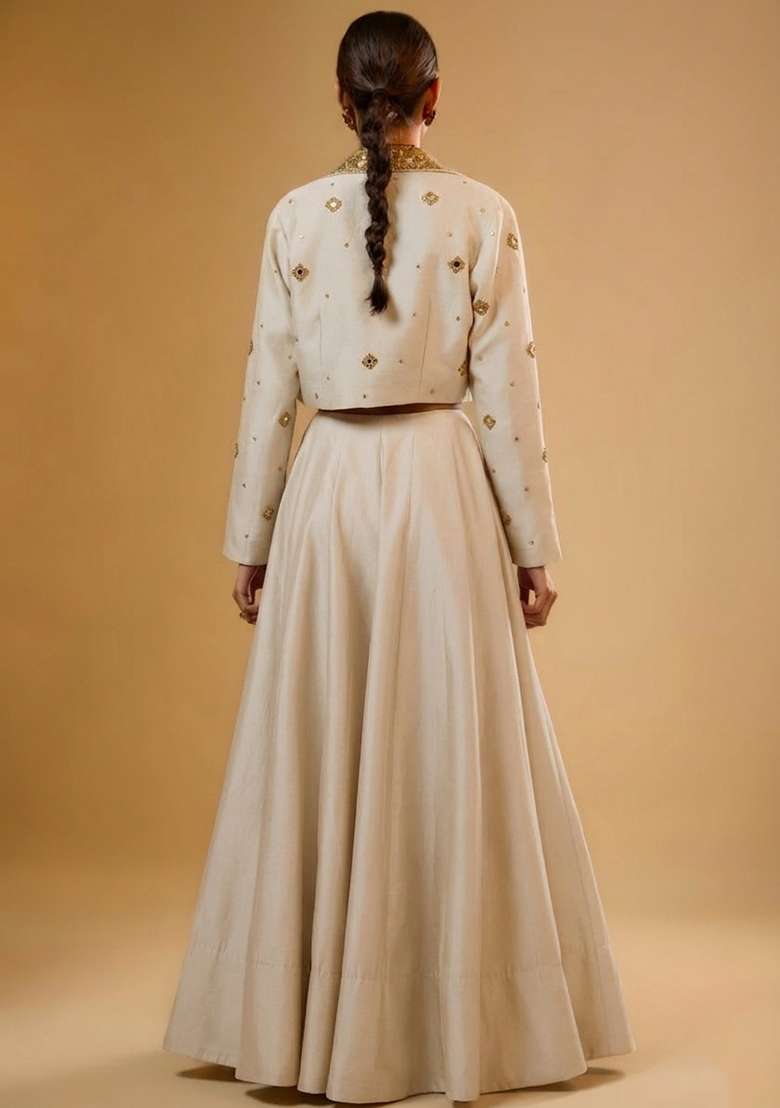 Ivory Silk Blend Handwork Lehenga Set - Indya