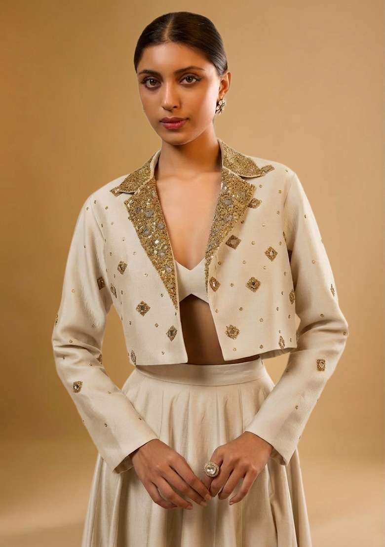 Ivory Silk Blend Handwork Lehenga Set - Indya