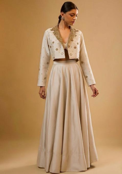 Ivory Silk Handwork Lehenga Set — view on Indya