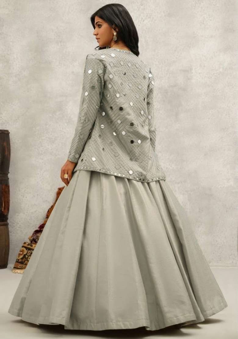 Silver Silk Blend Handwork Lehenga Set - Indya
