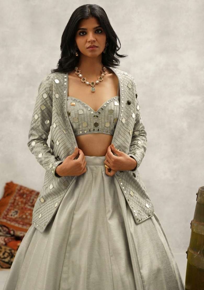 Silver Silk Blend Handwork Lehenga Set - Indya