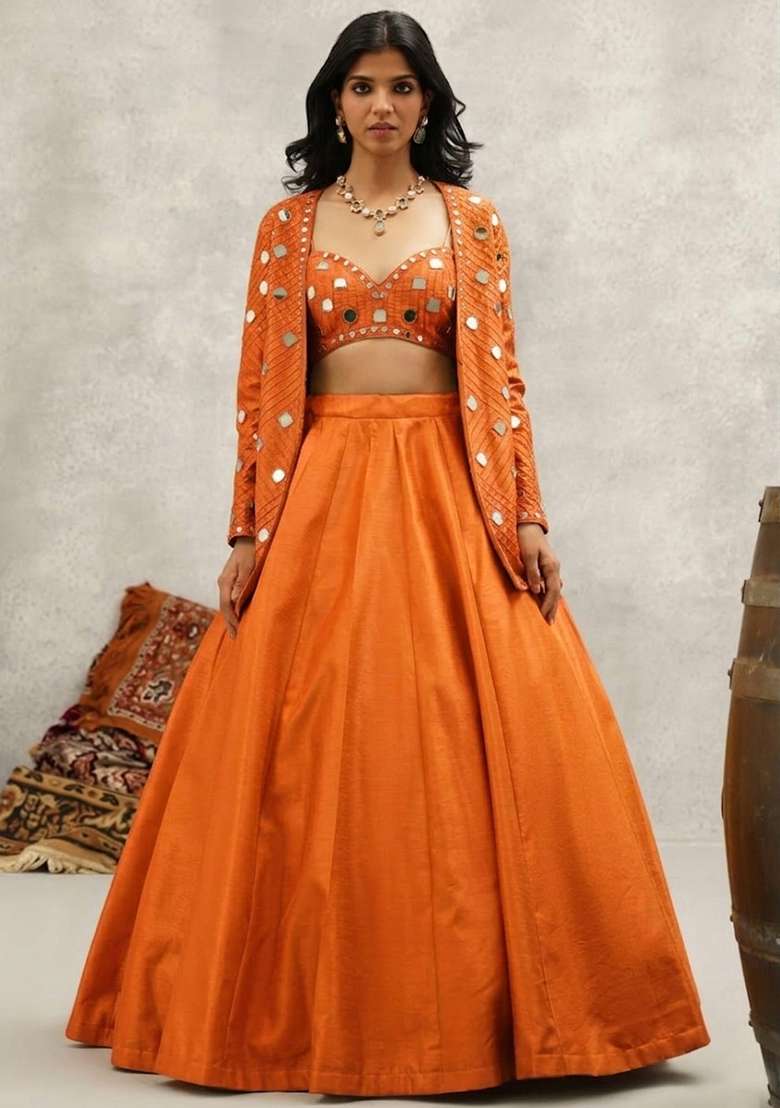 Orange Silk Blend Handwork Lehenga Set - Indya