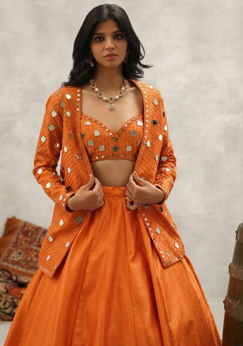 Orange Silk Blend Handwork Lehenga Set - Indya