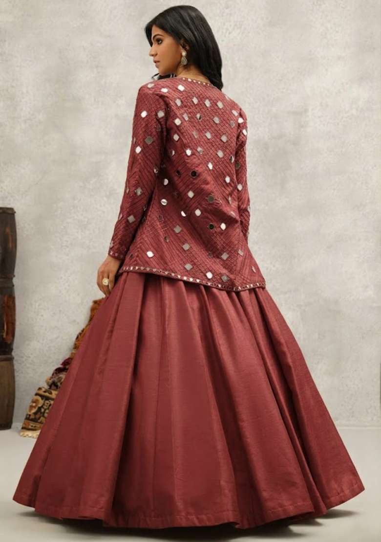 Brown Silk Blend Handwork Lehenga Set - Indya