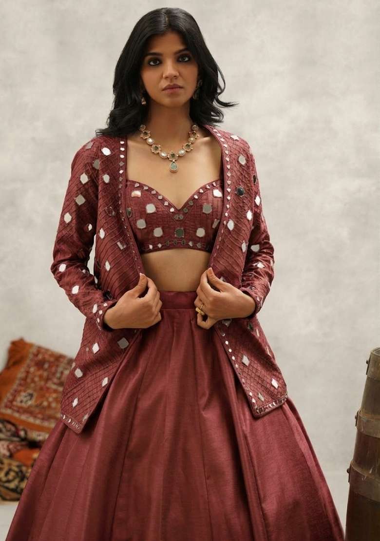 Brown Silk Blend Handwork Lehenga Set - Indya