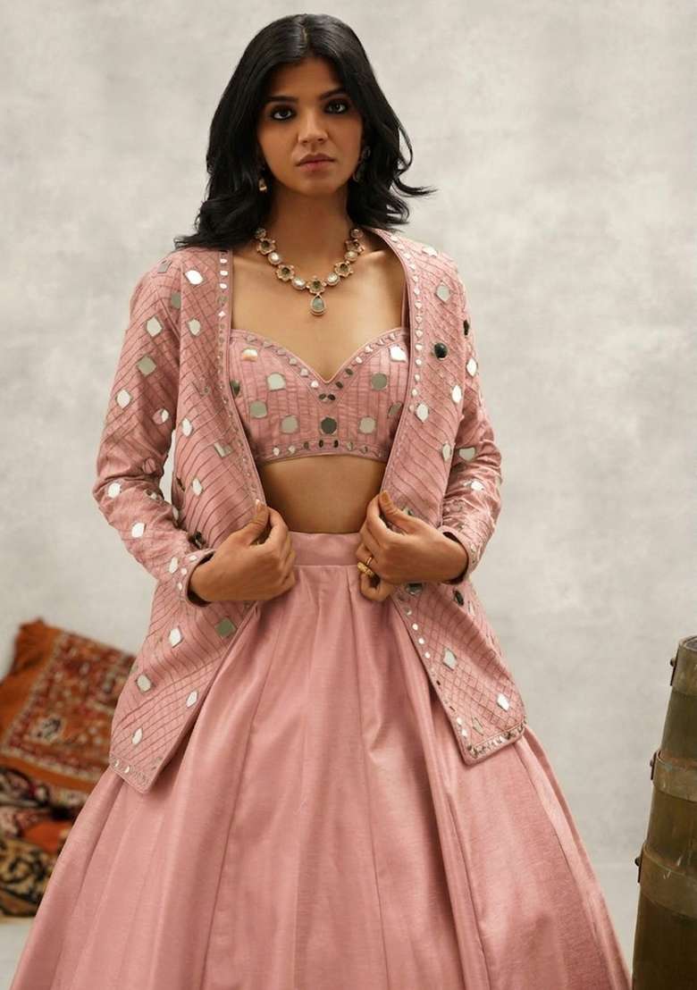 Soft Pink Silk Blend Handwork Lehenga Set - Indya