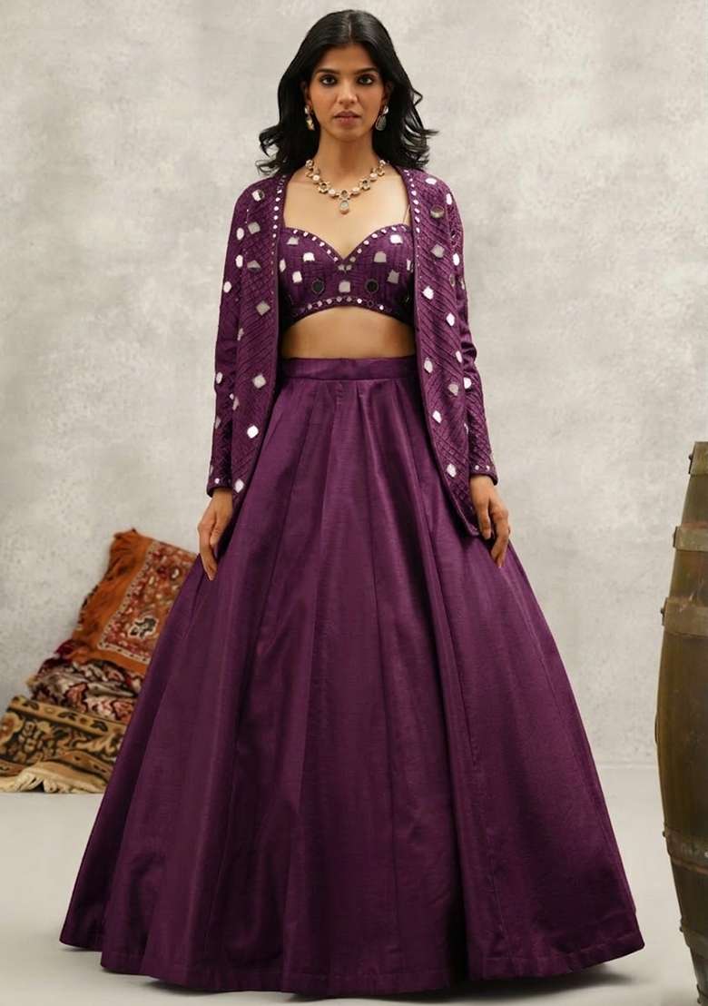 Purple Silk Blend Handwork Lehenga Set - Indya
