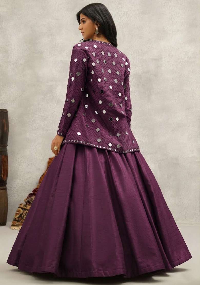 Purple Silk Blend Handwork Lehenga Set - Indya