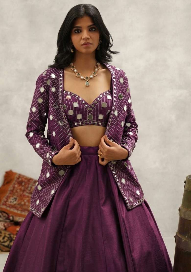 Purple Silk Blend Handwork Lehenga Set - Indya