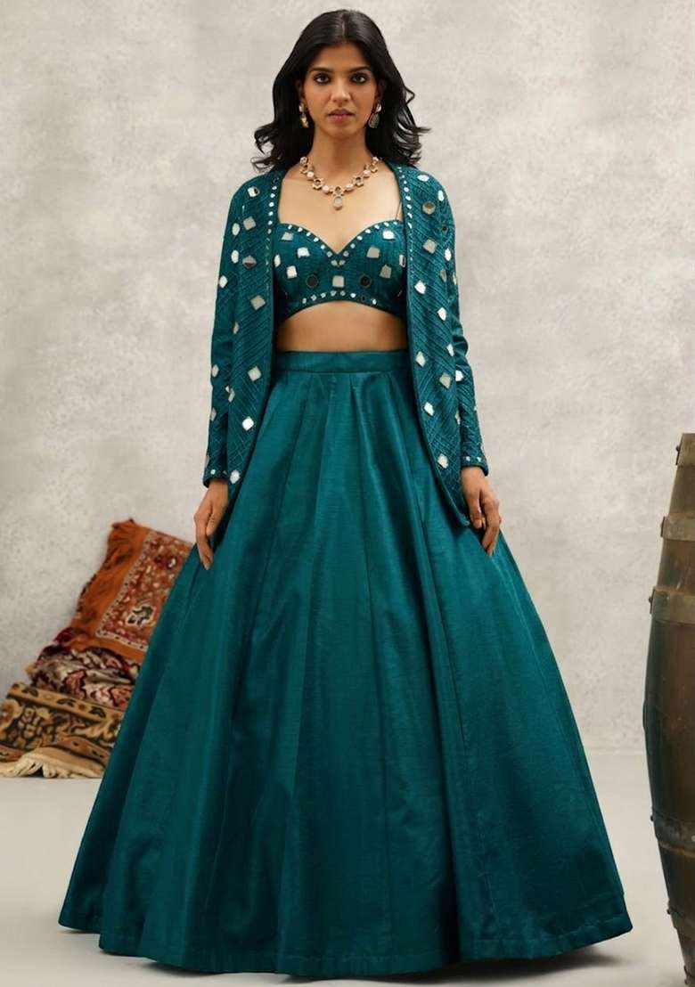 Deep Teal Green Silk Blend Handwork Lehenga Set - Indya
