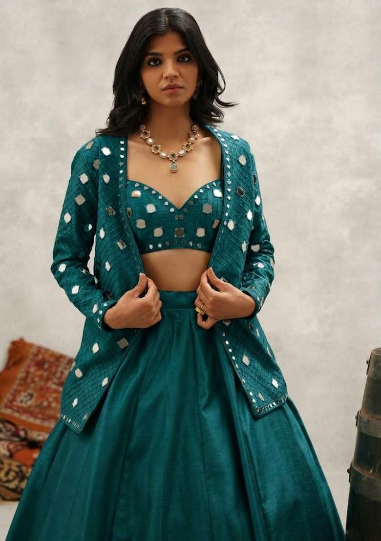 Deep Teal Green Silk Blend Handwork Lehenga Set - Indya