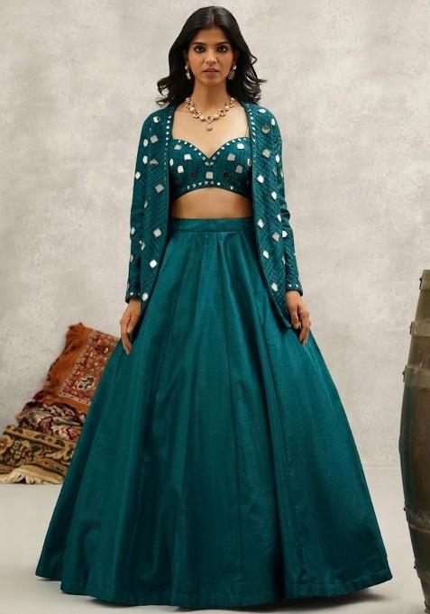 Deep Teal Green Silk Handwork Lehenga Set