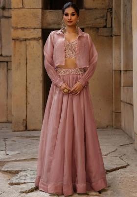 Dusty Pink Organza Handwork Lehenga Set
