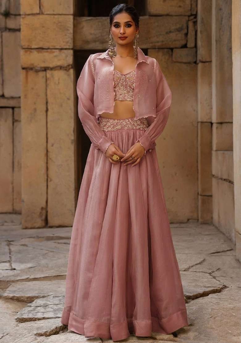 Dusty Pink Organza Handwork Lehenga Set - Indya