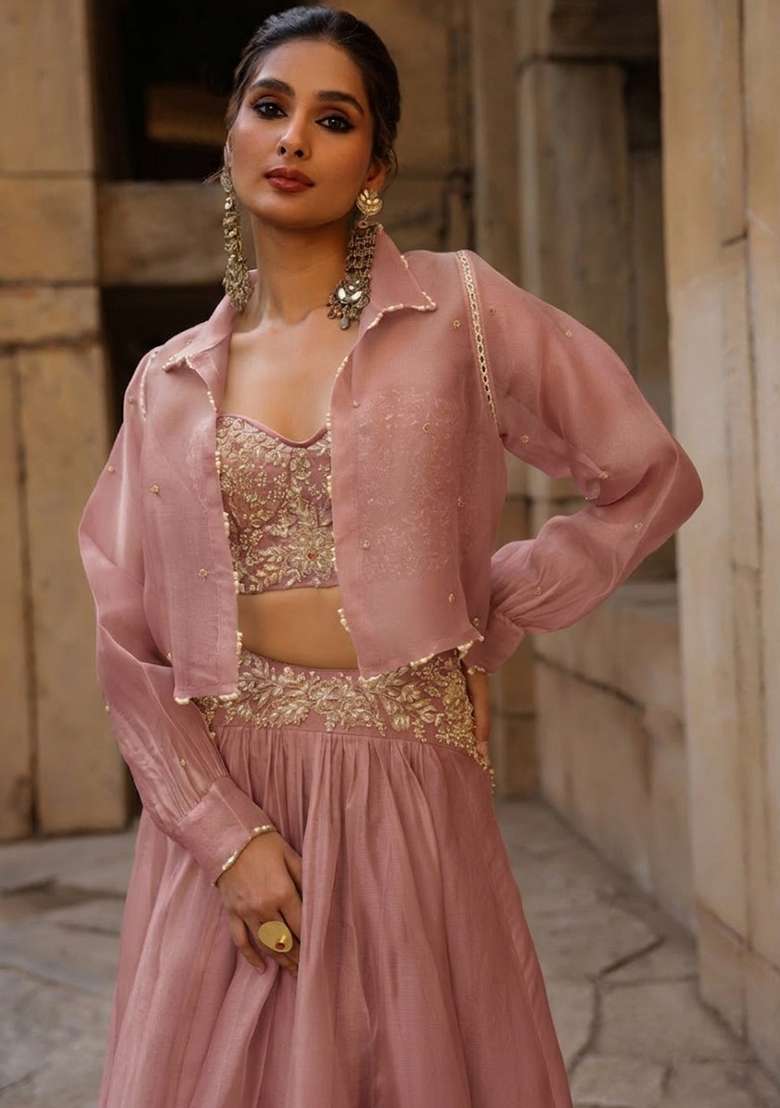 Dusty Pink Organza Handwork Lehenga Set - Indya