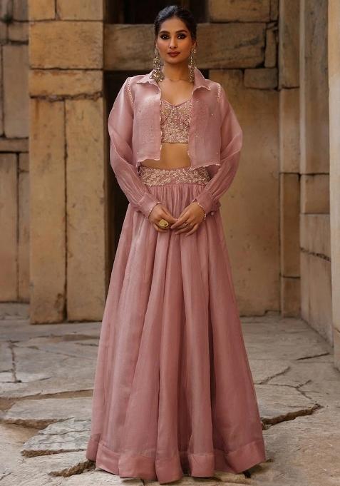 Dusty Pink Organza Handwork Lehenga Set