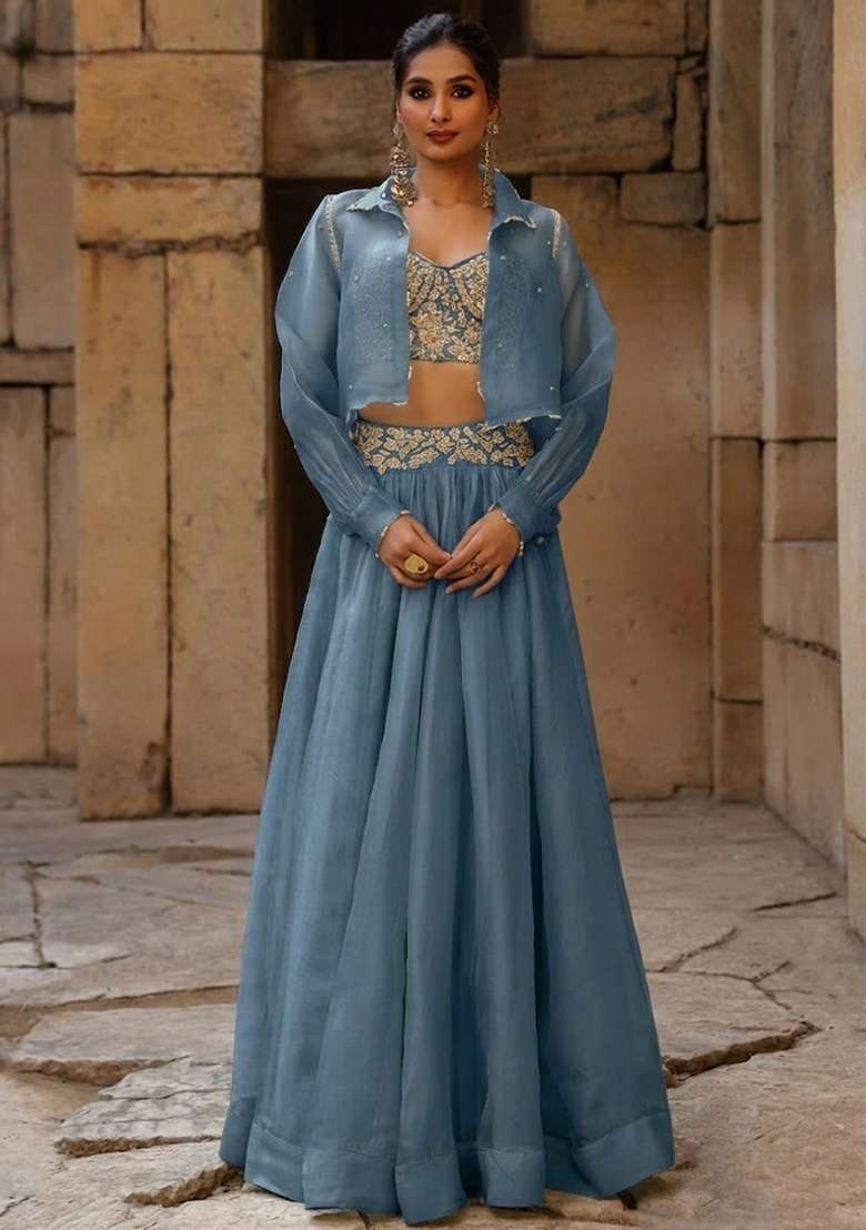 Pastel Blue Organza Handwork Lehenga Set - Indya