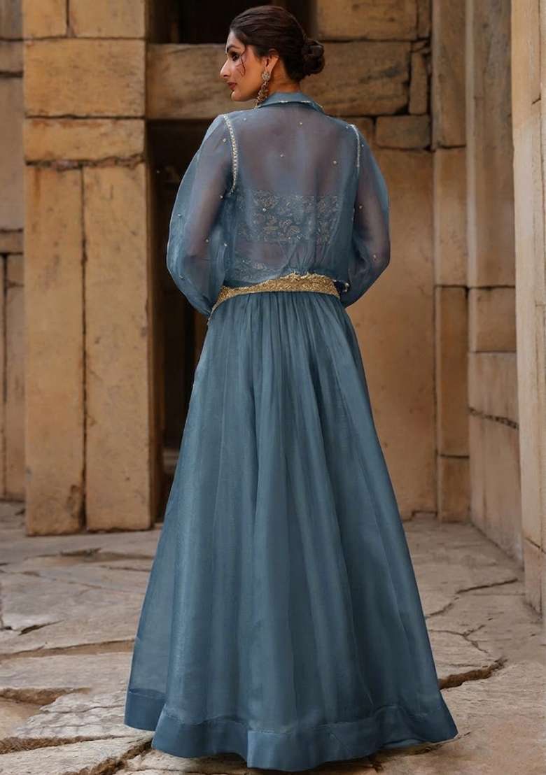 Pastel Blue Organza Handwork Lehenga Set - Indya