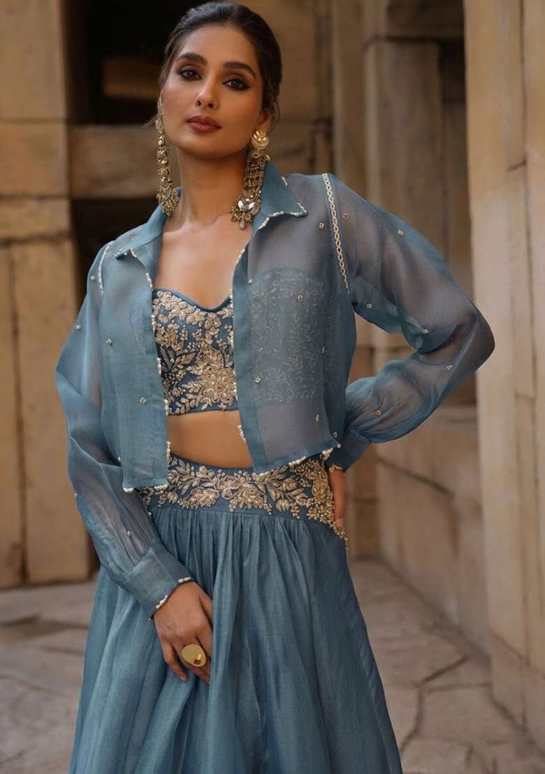 Pastel Blue Organza Handwork Lehenga Set - Indya
