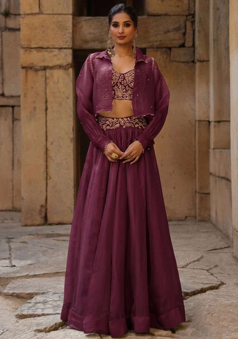 Wine Organza Handwork Lehenga Set - Indya
