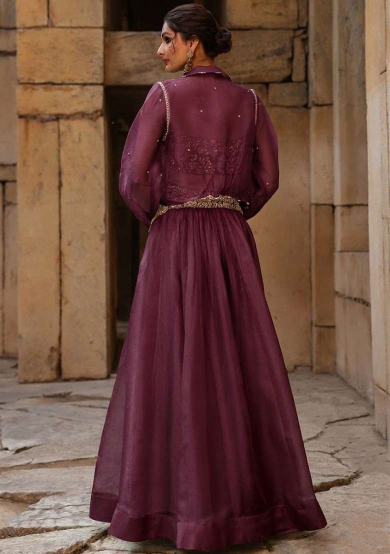 Wine Organza Handwork Lehenga Set - Indya