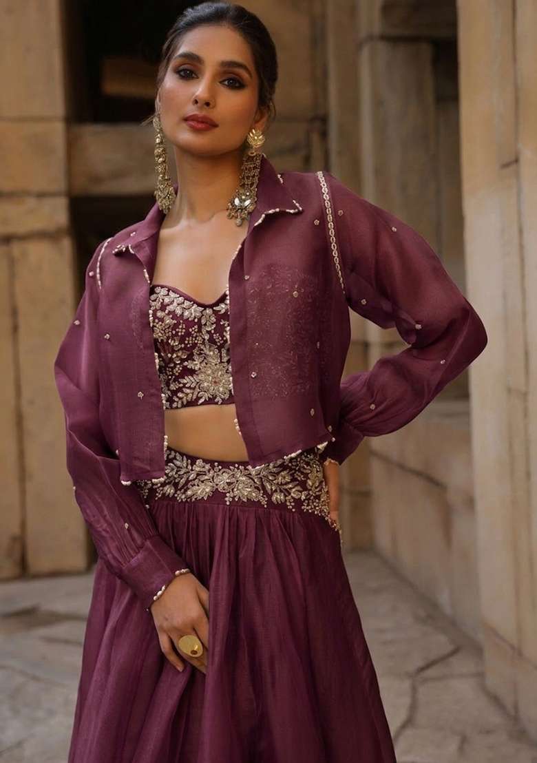 Wine Organza Handwork Lehenga Set - Indya