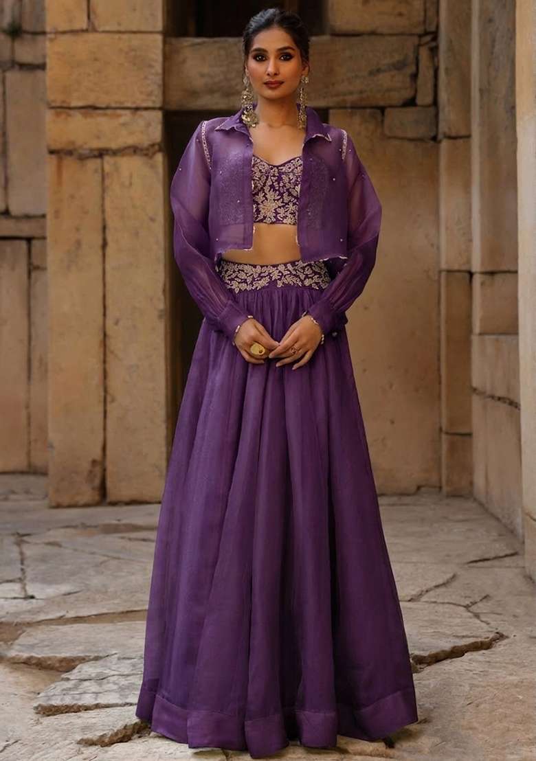 Purple Organza Handwork Lehenga Set - Indya