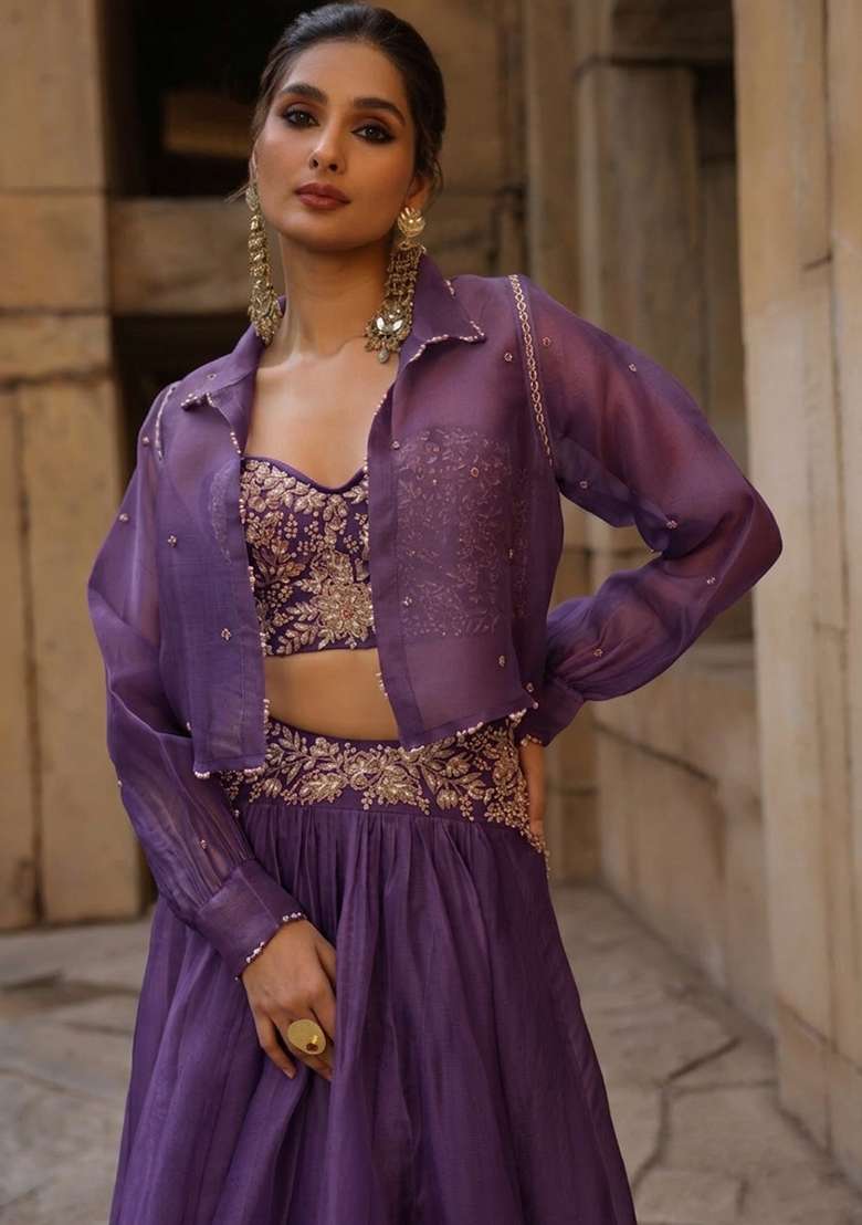 Purple Organza Handwork Lehenga Set - Indya