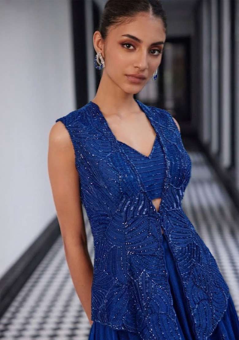 Royal Blue Crepe Handwork Fusion Set - Indya