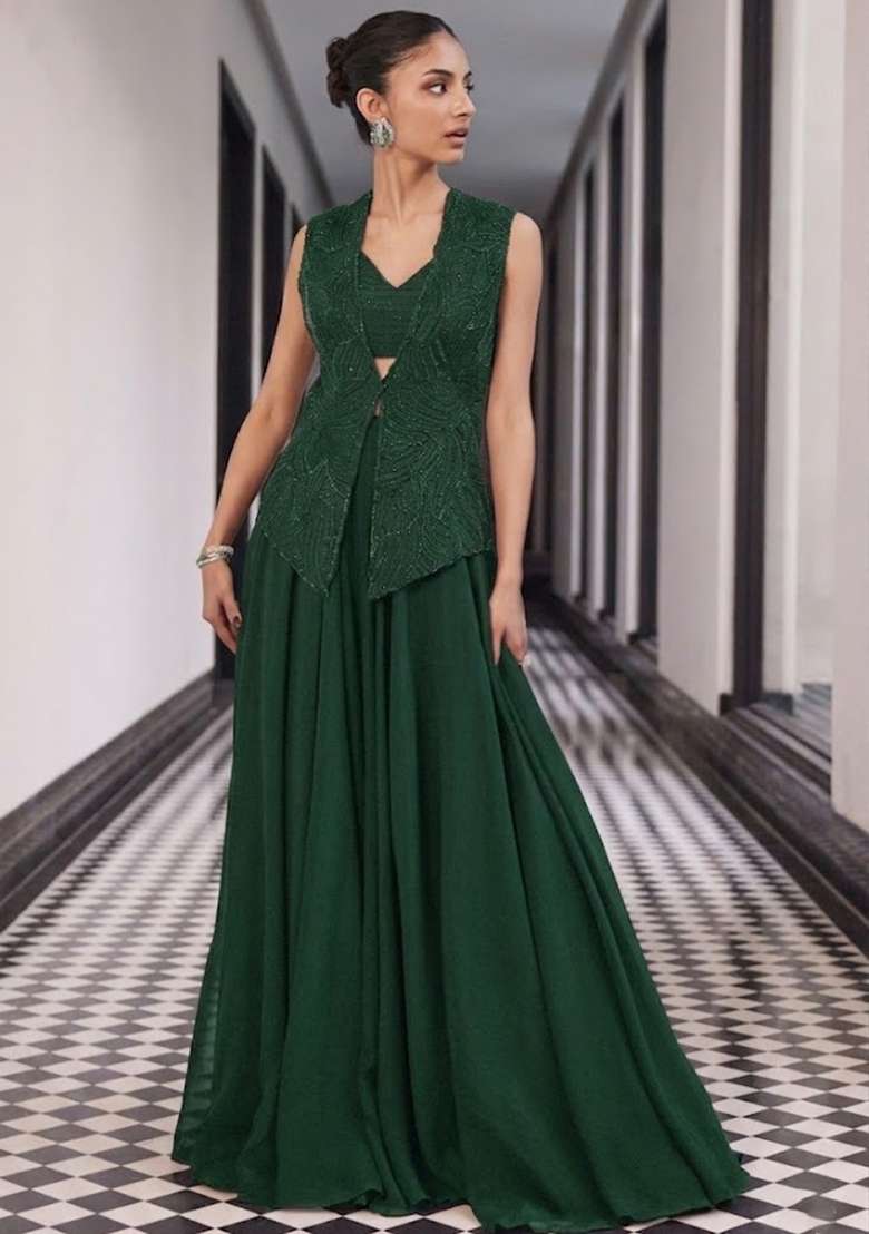 Forest Green Crepe Handwork Fusion Set - Indya
