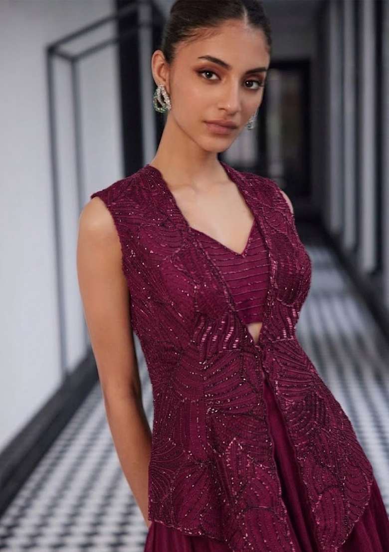 Rani Pink Crepe Handwork Fusion Set - Indya