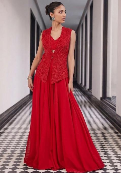 Red Crepe Handwork Fusion Set