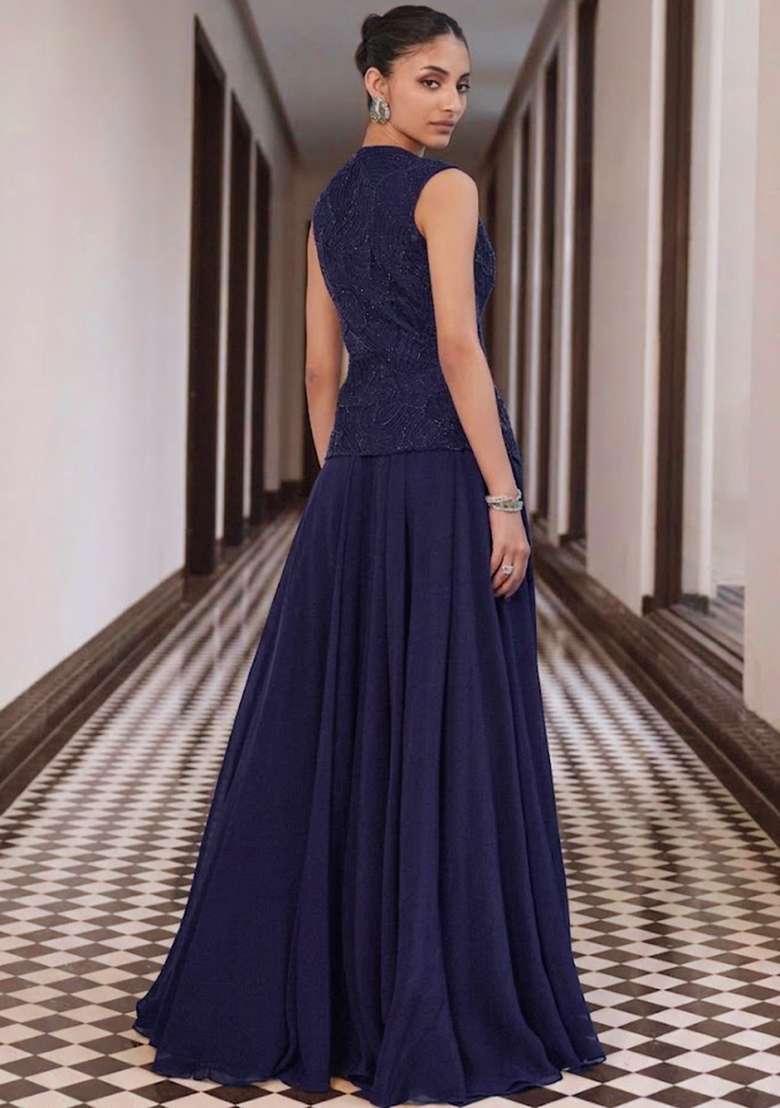 Violet Crepe Handwork Fusion Set - Indya