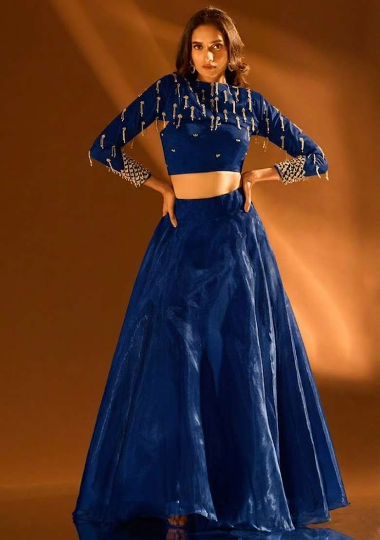 Navy Blue Silk Blend Handwork Lehenga Set - Indya