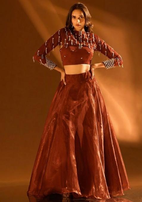 Rust Silk Handwork Lehenga Set — view on Indya