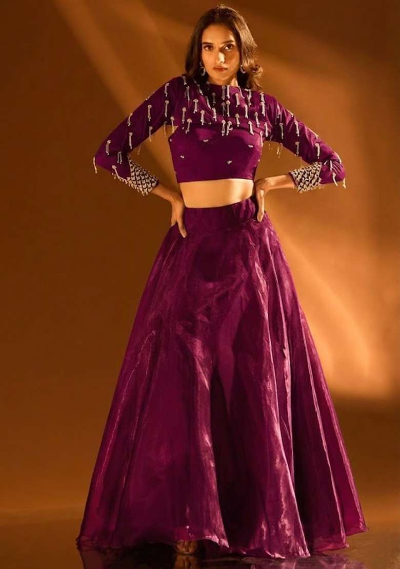 Hot Pink Silk Blend Handwork Lehenga Set - Indya