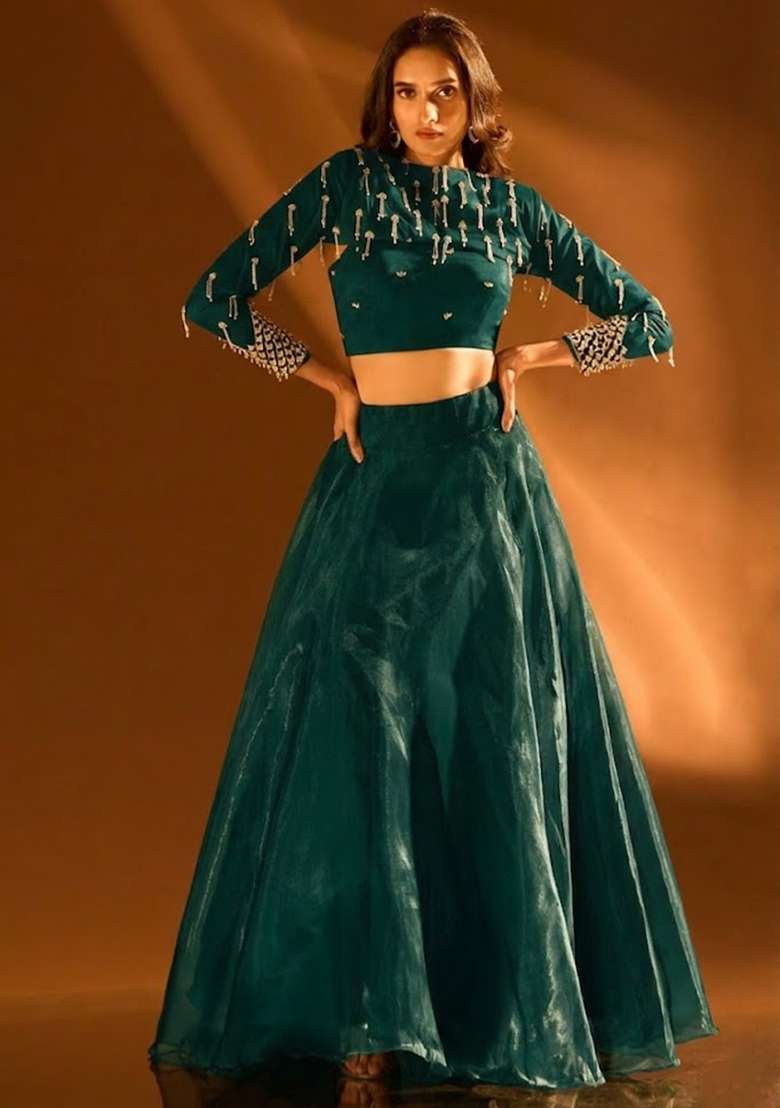 Deep Teal Green Silk Blend Handwork Lehenga Set - Indya
