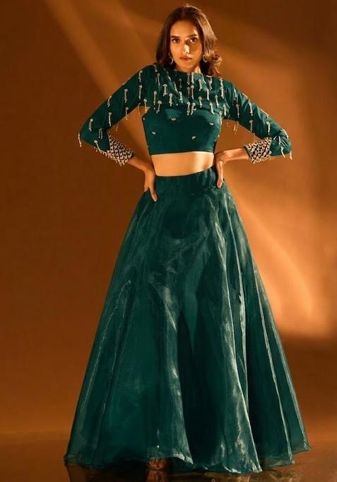 Deep Teal Green Silk Handwork Lehenga Set