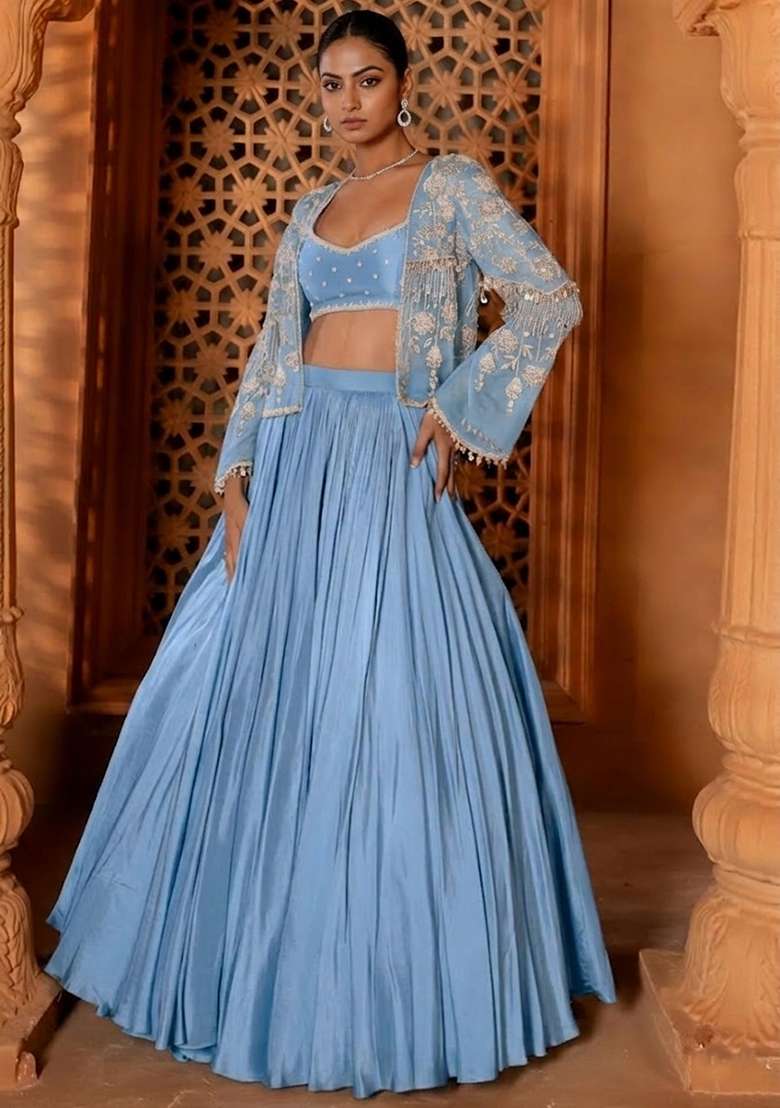 Pastel Blue Crepe Handwork Lehenga Set - Indya