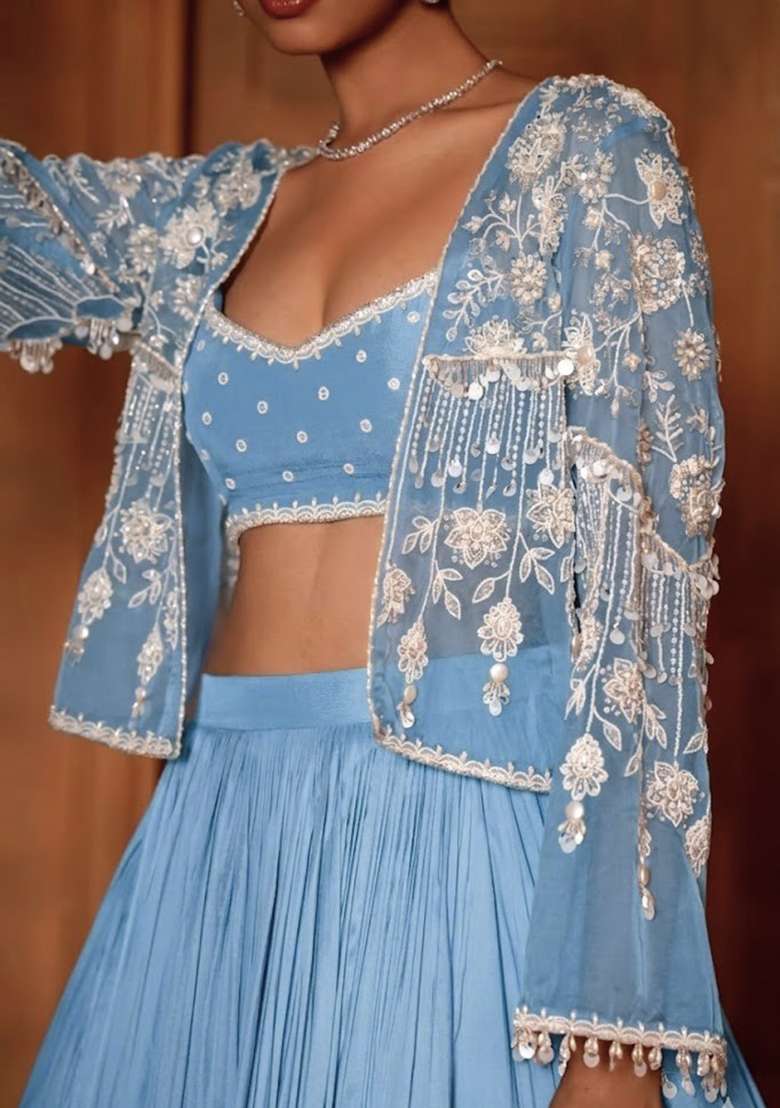 Pastel Blue Crepe Handwork Lehenga Set - Indya