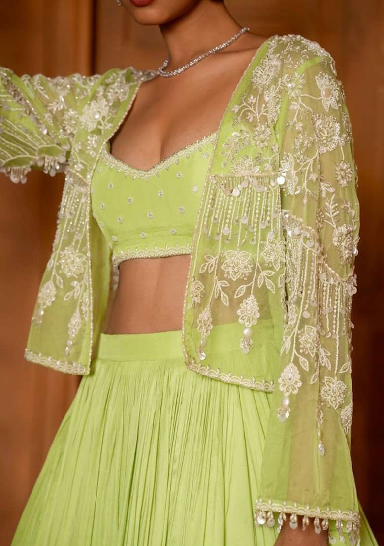 Mint Green Crepe Handwork Lehenga Set - Indya