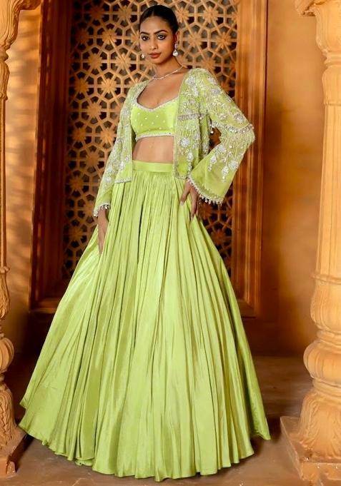 Mint Green Crepe Handwork Lehenga Set — view on Indya